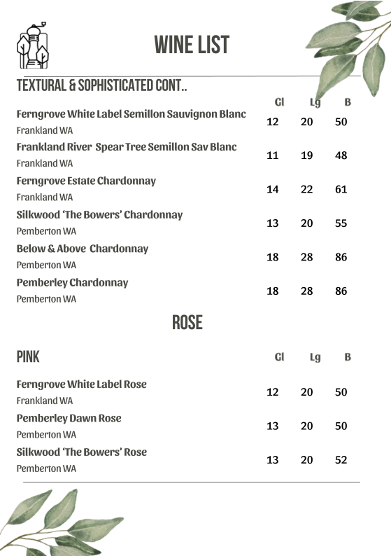 Menu, Tall Timbers Manjimup