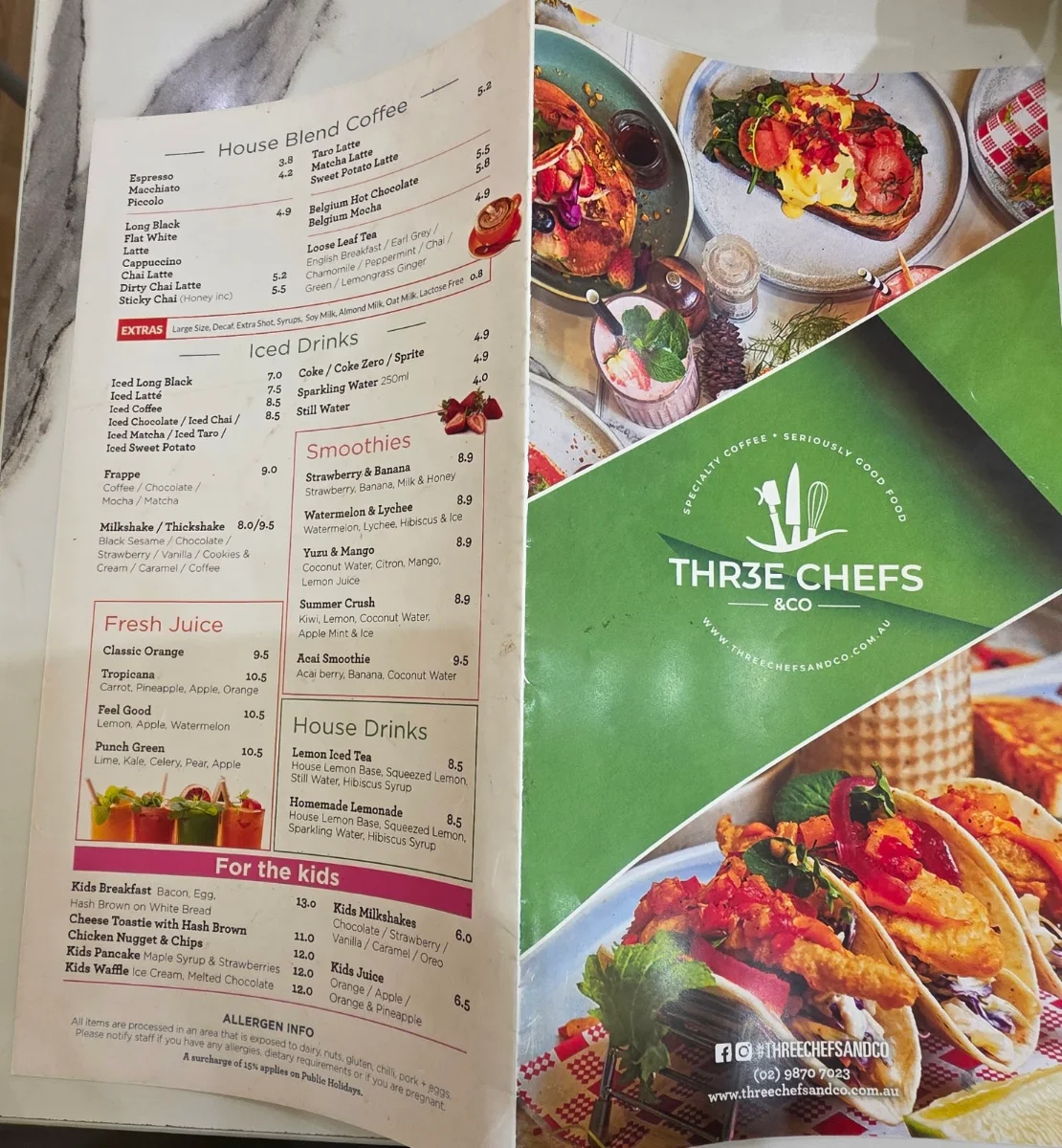 Menu, Cafe Three Chefs & Co Macquarie Centre