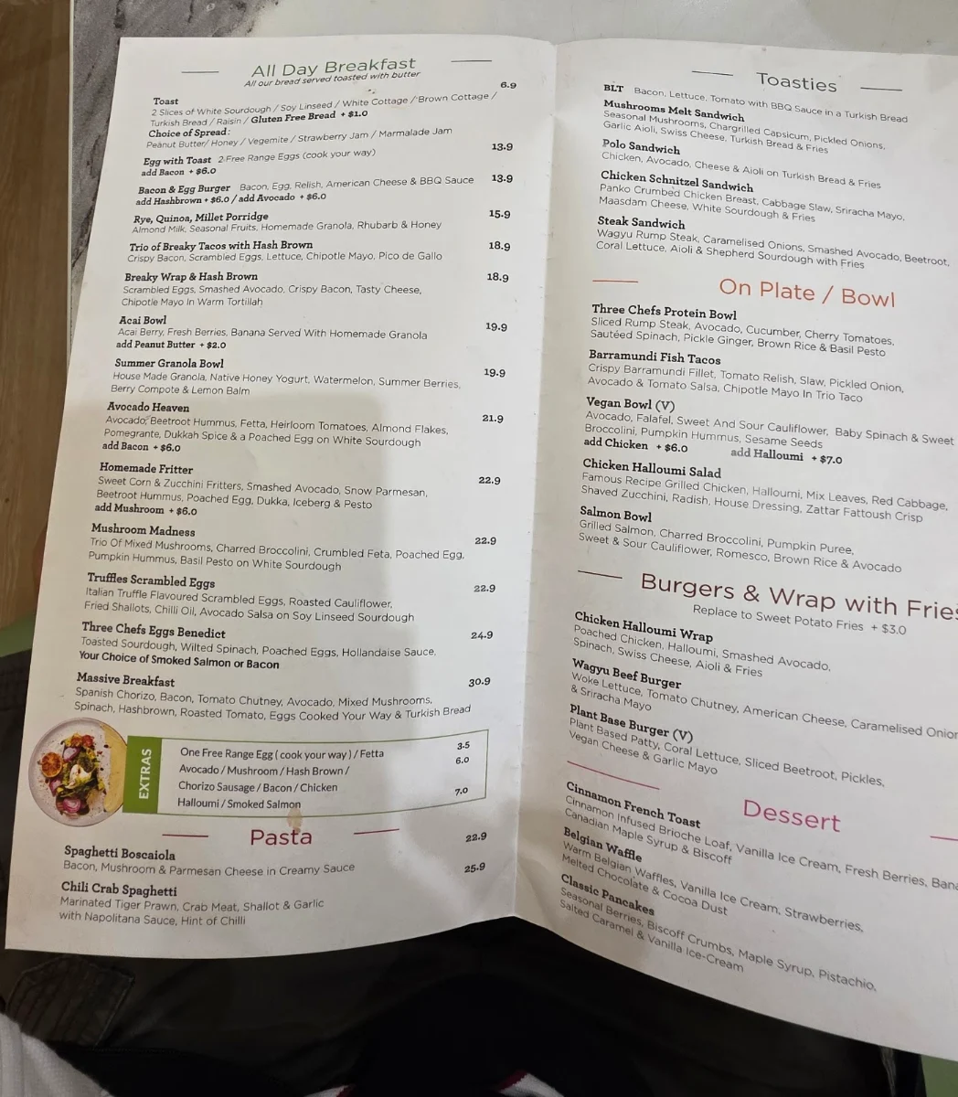 Menu, Cafe Three Chefs & Co Macquarie Centre