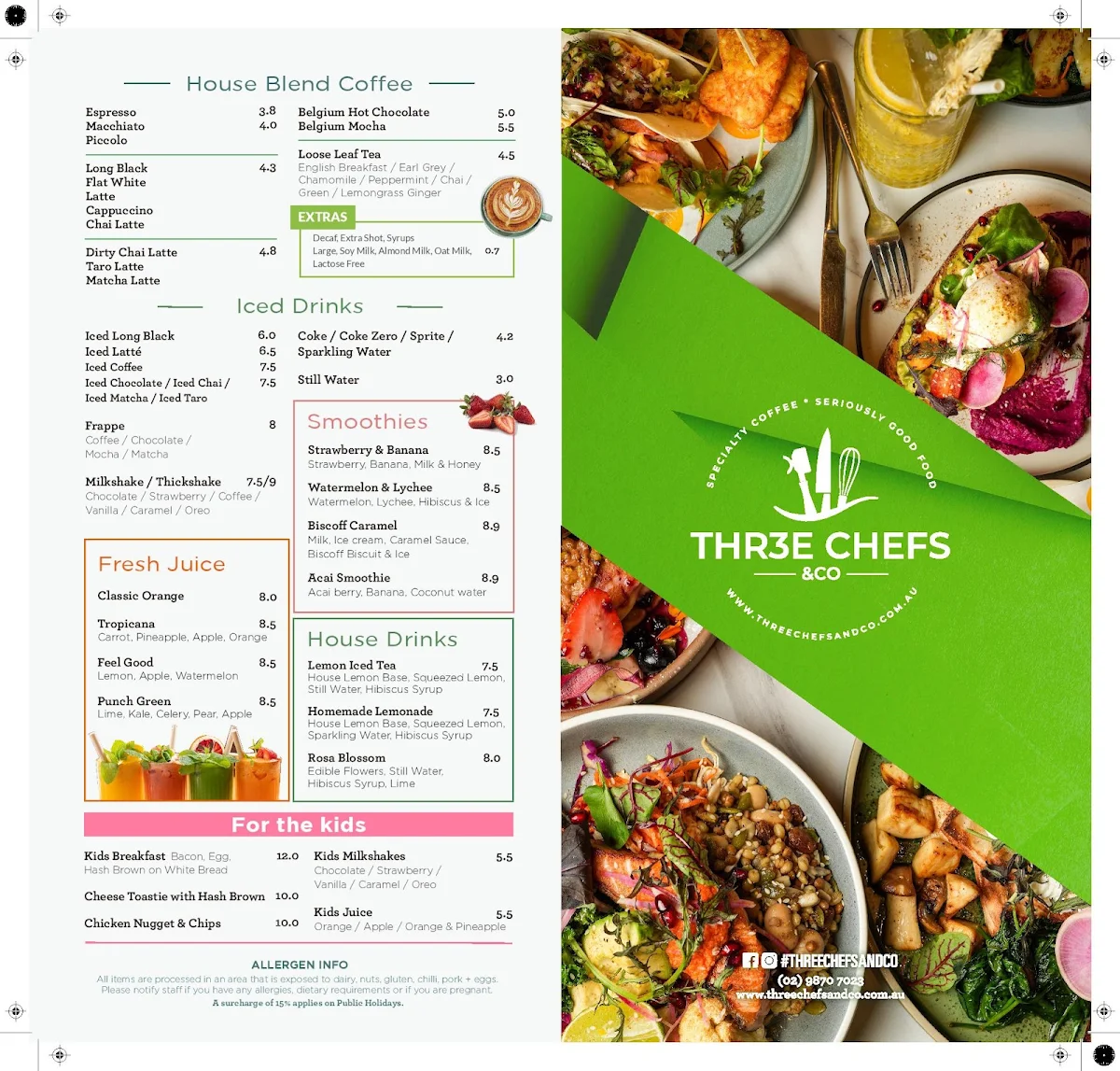 Menu, Cafe Three Chefs & Co Macquarie Centre