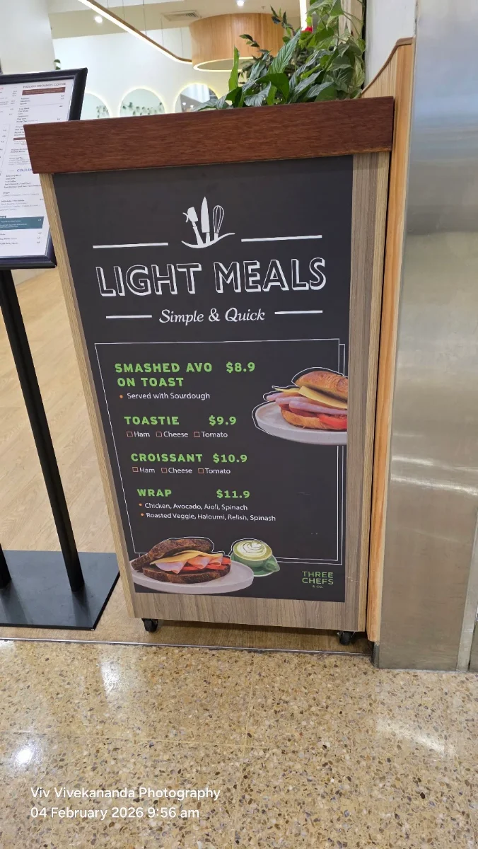 Menu, Cafe Three Chefs & Co Macquarie Centre