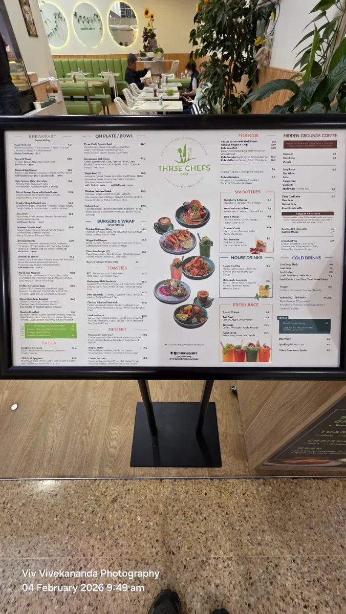 Menu, Cafe Three Chefs & Co Macquarie Centre