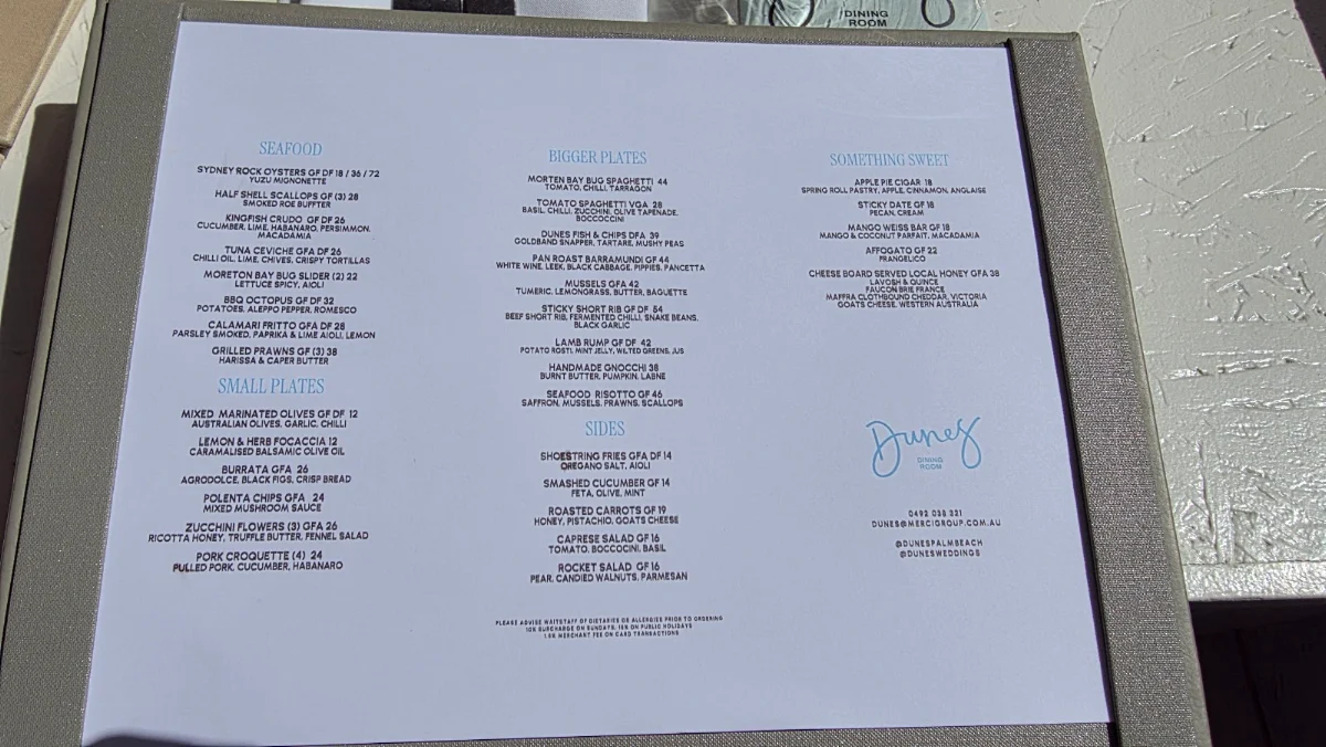 Menu, Dunes Palm Beach