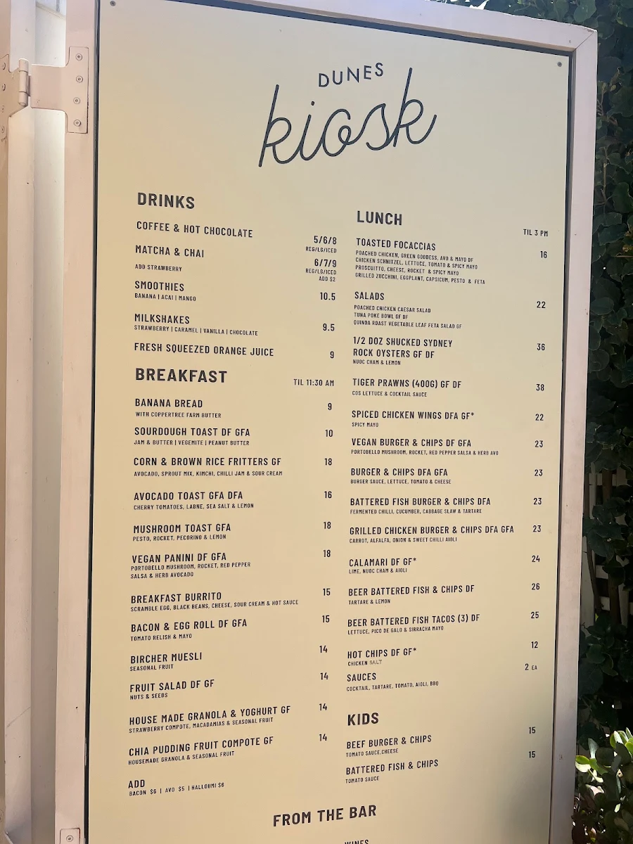 Menu, Dunes Palm Beach