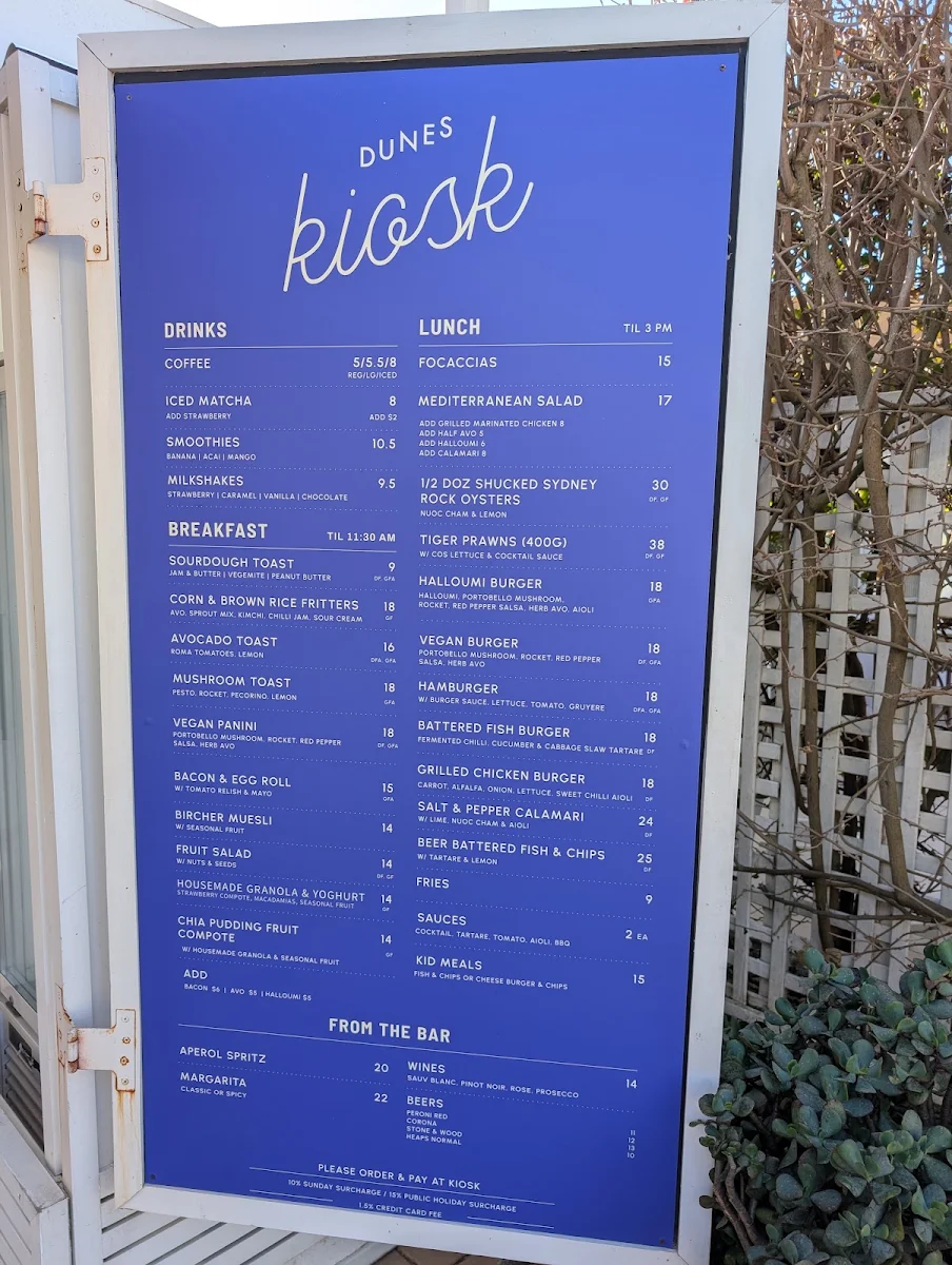 Menu, Dunes Palm Beach
