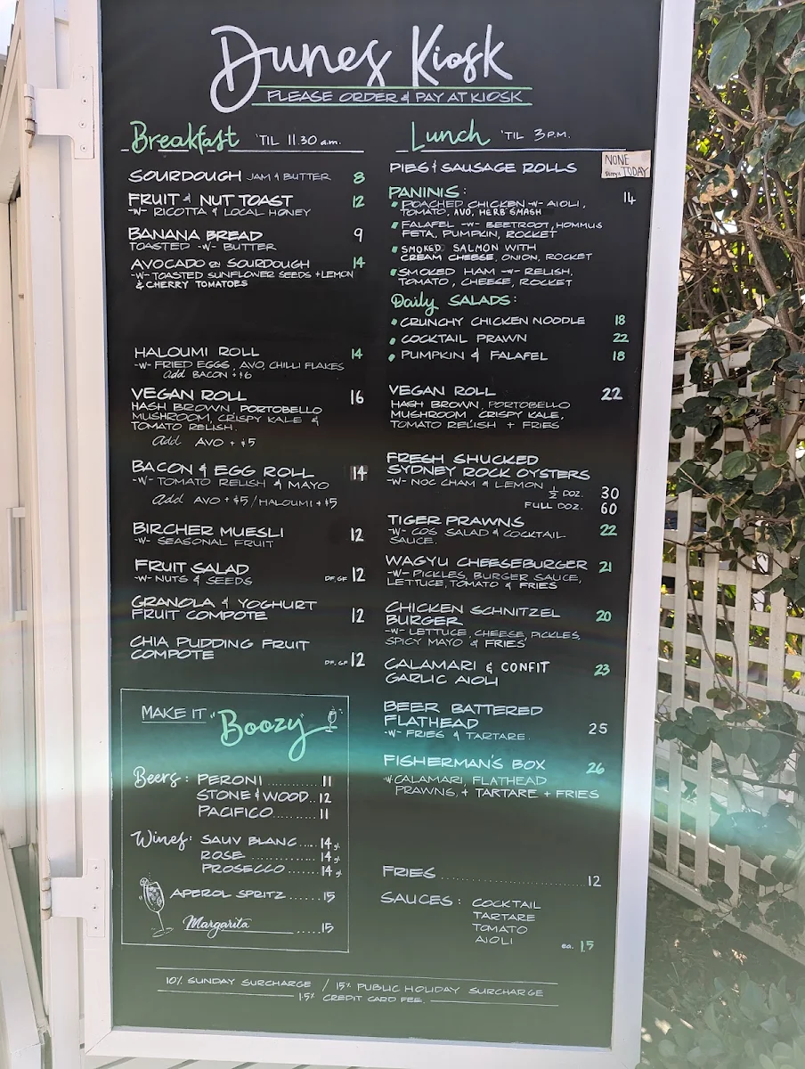 Menu, Dunes Palm Beach