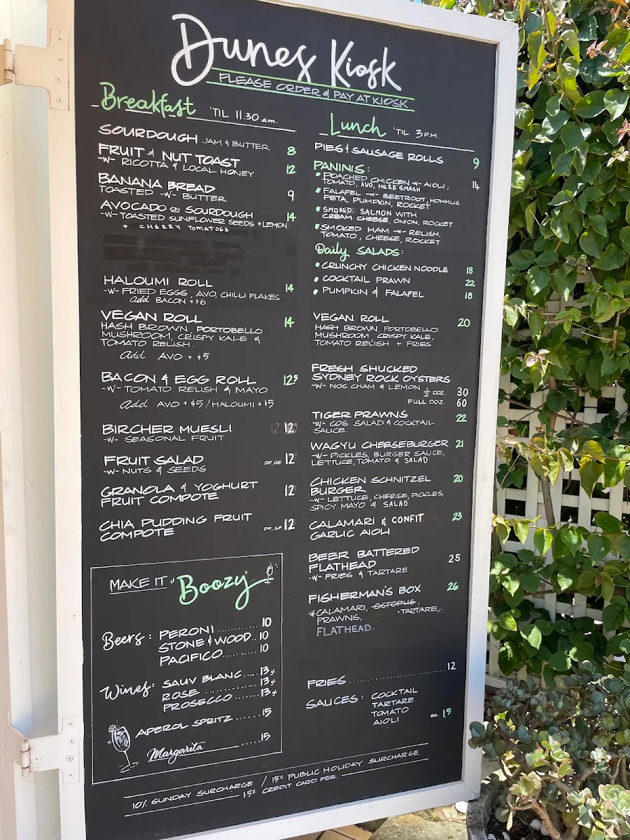 Menu, Dunes Palm Beach