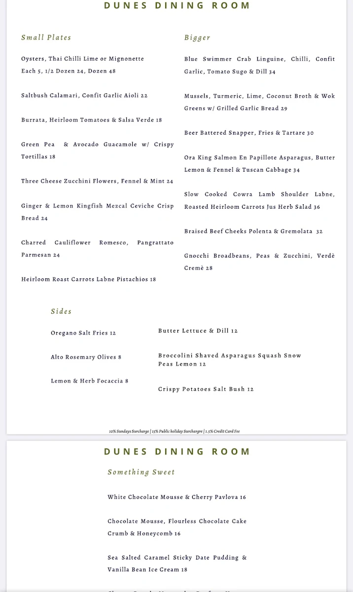Menu, Dunes Palm Beach