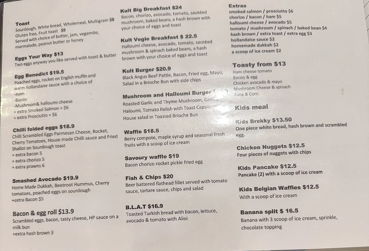 Menu, Koffee Kult Forest Hill Chase