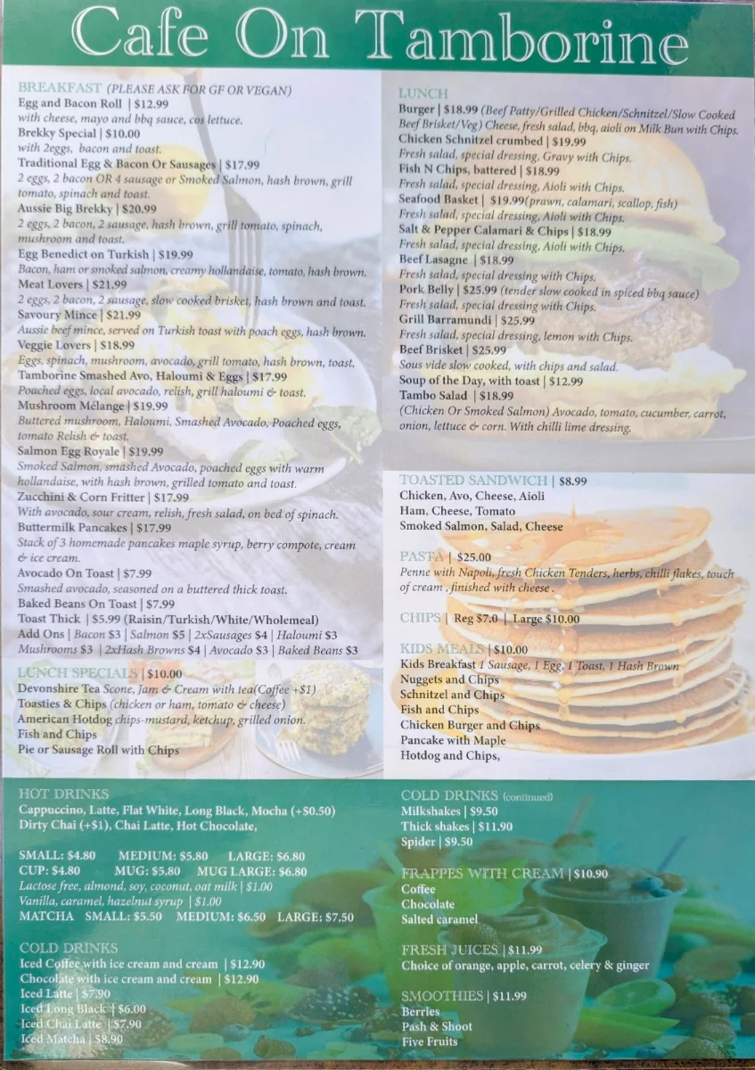 Menu, cafe on tamborine