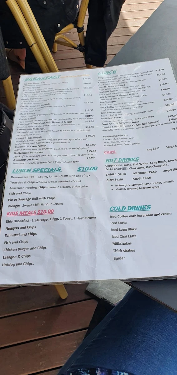 Menu, cafe on tamborine