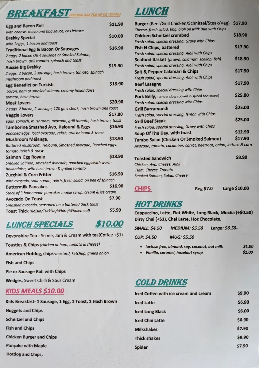 Menu, cafe on tamborine