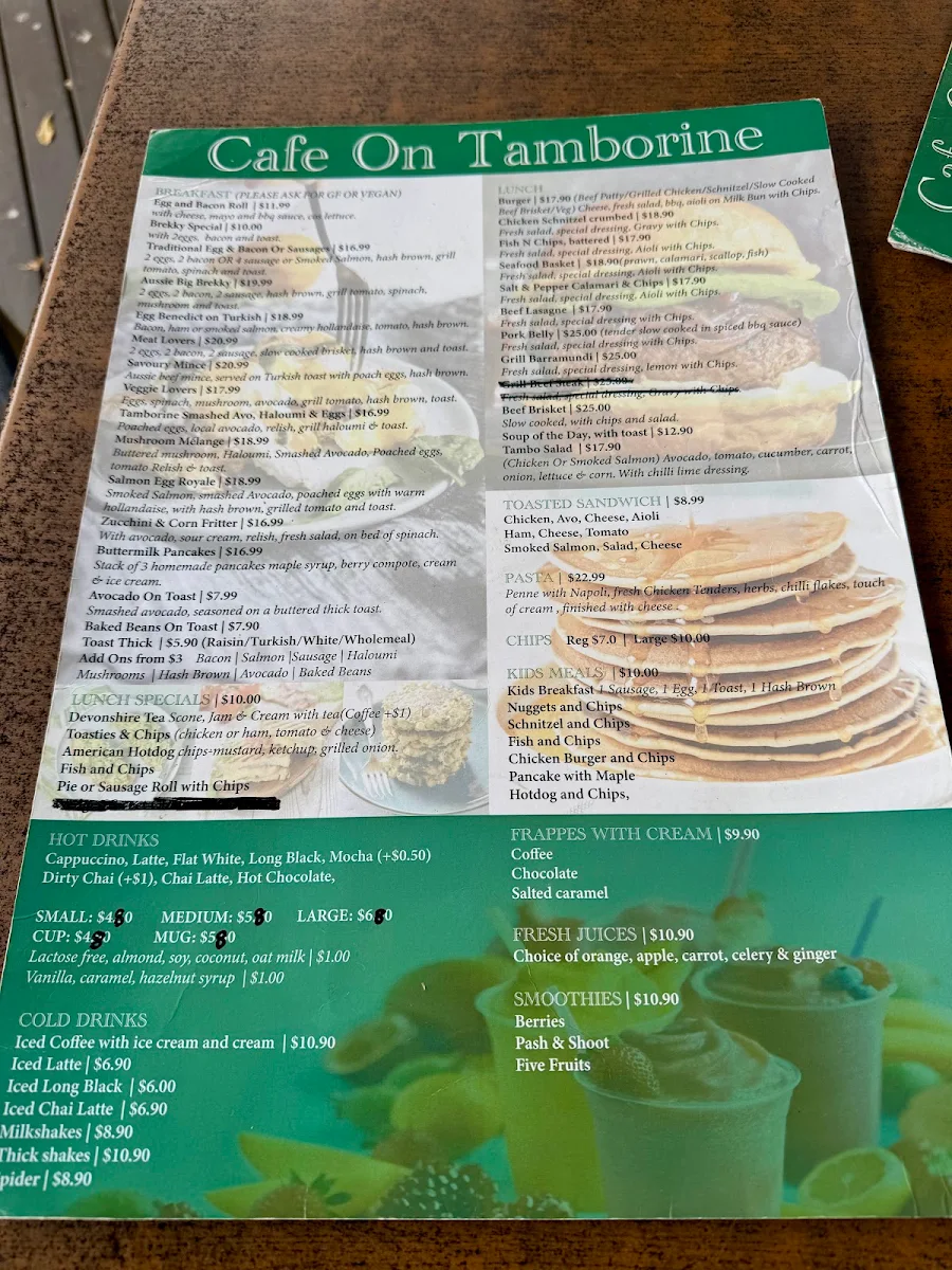 Menu, cafe on tamborine