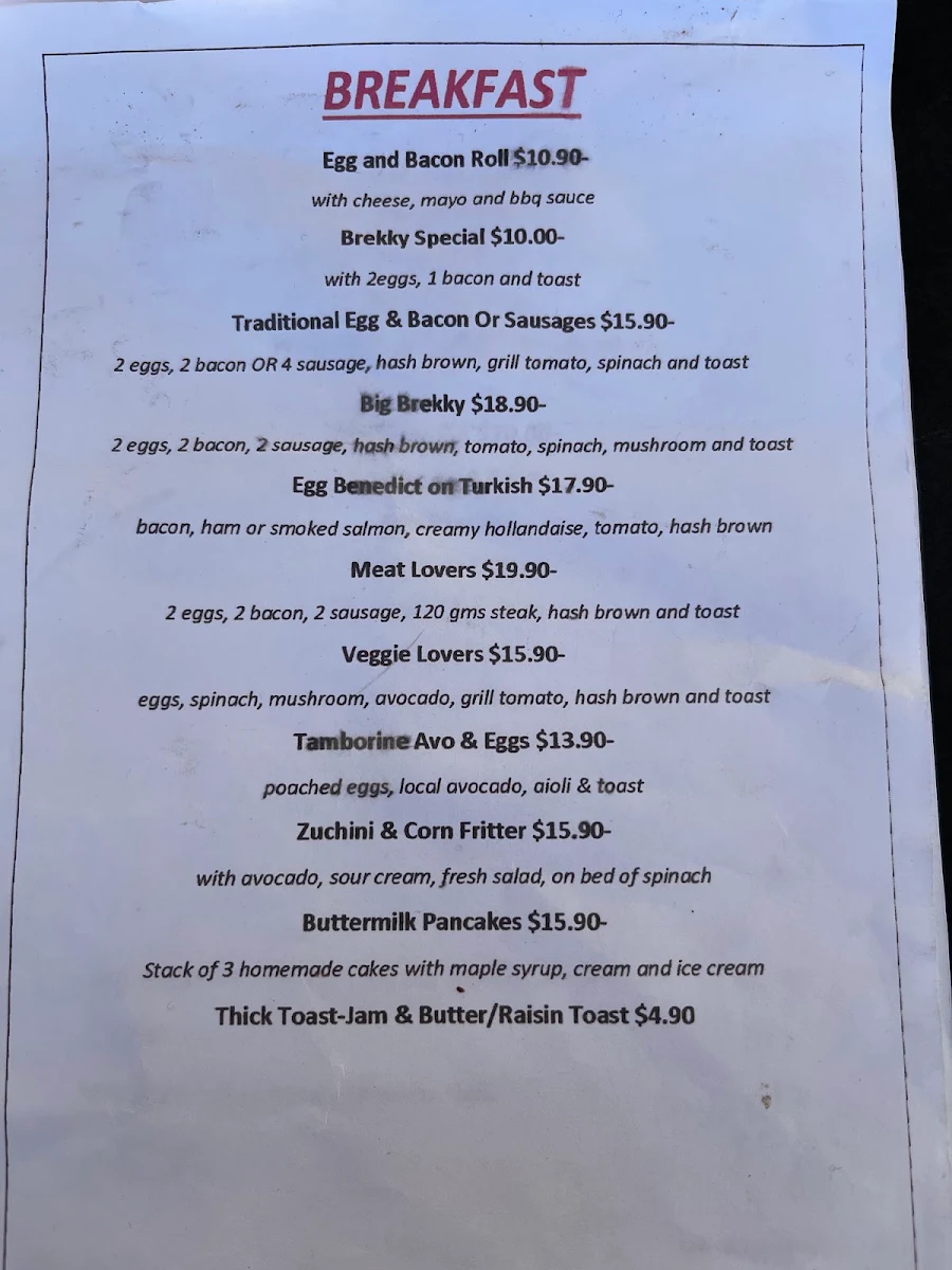 Menu, cafe on tamborine