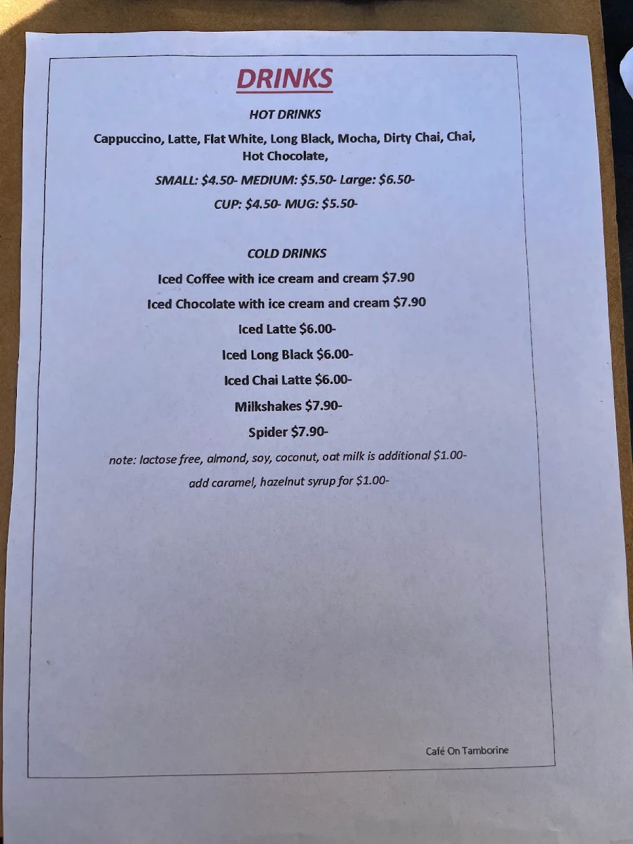 Menu, cafe on tamborine