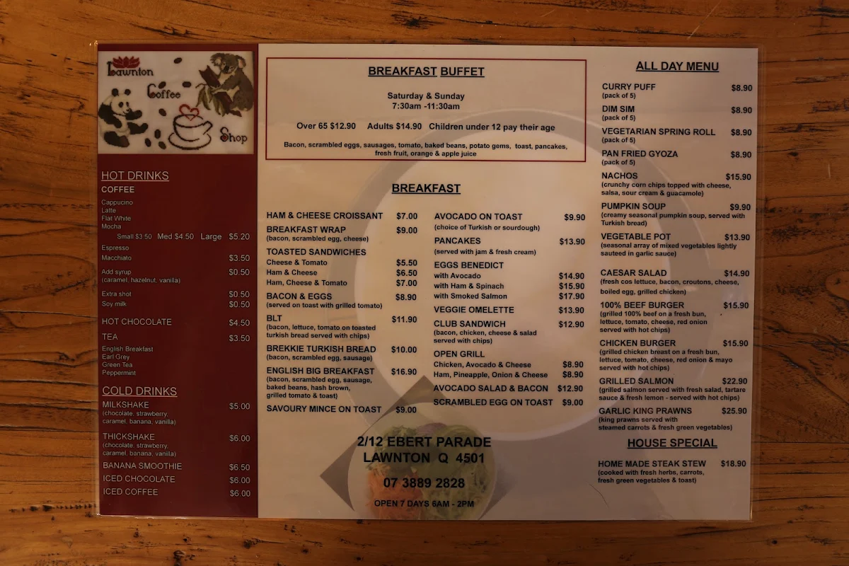 Menu, Lawnton Coffee Shop