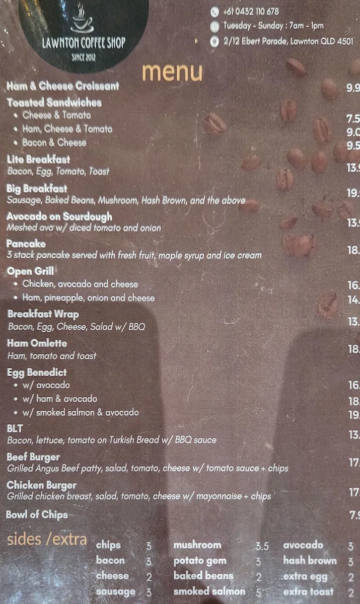 Menu, Lawnton Coffee Shop