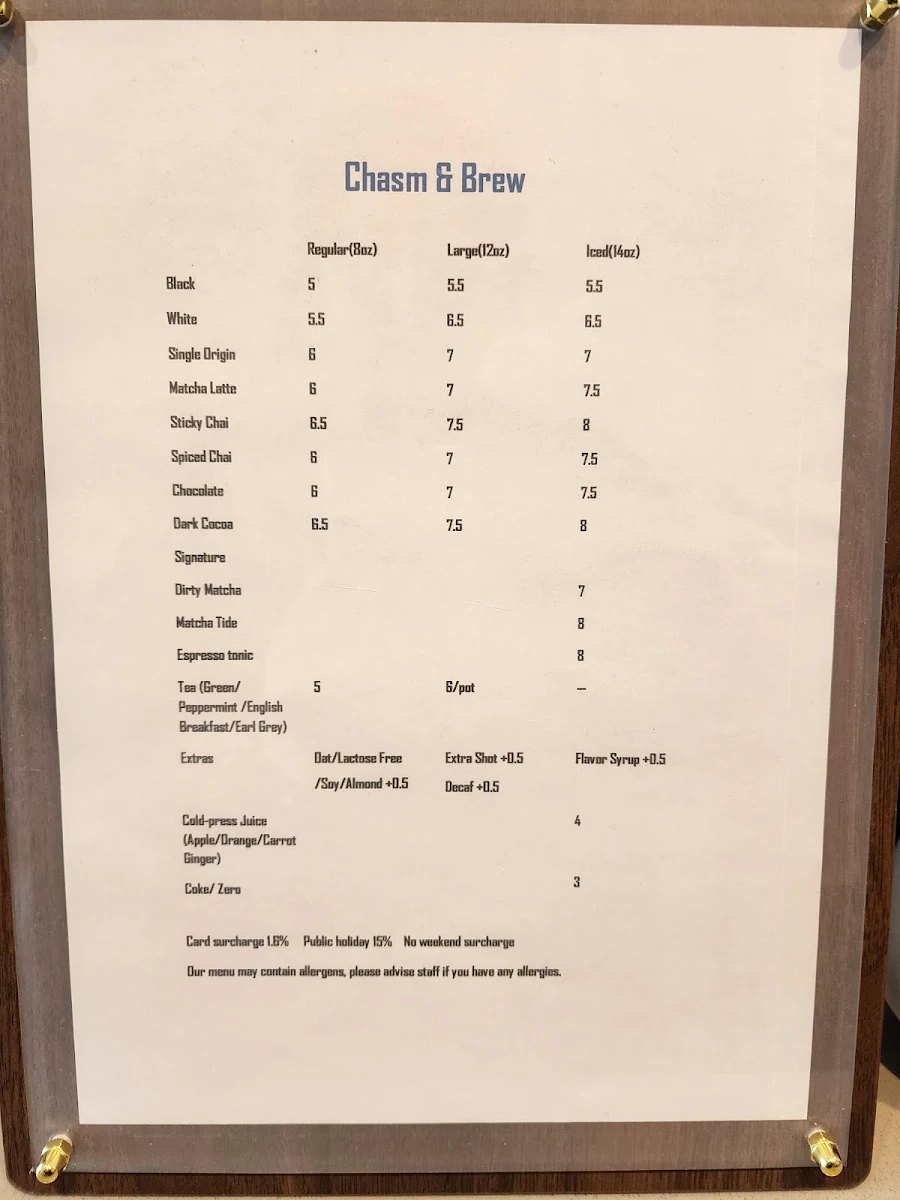 Menu, Chasm & Brew