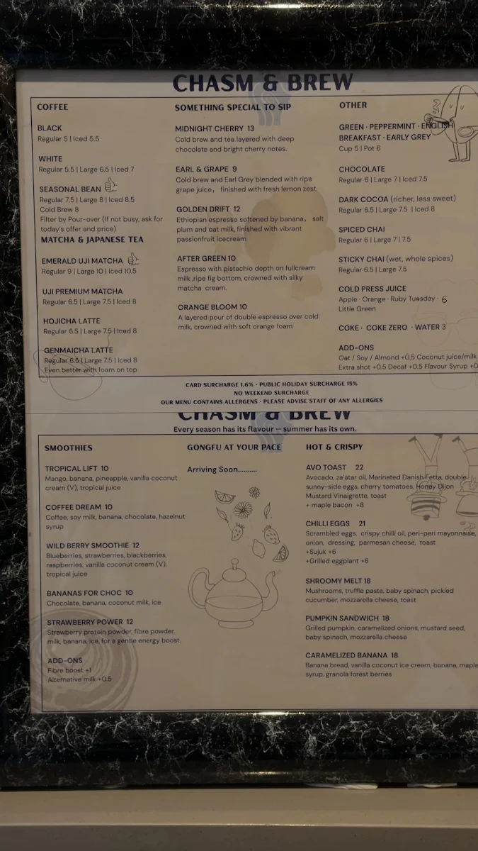 Menu, Chasm & Brew