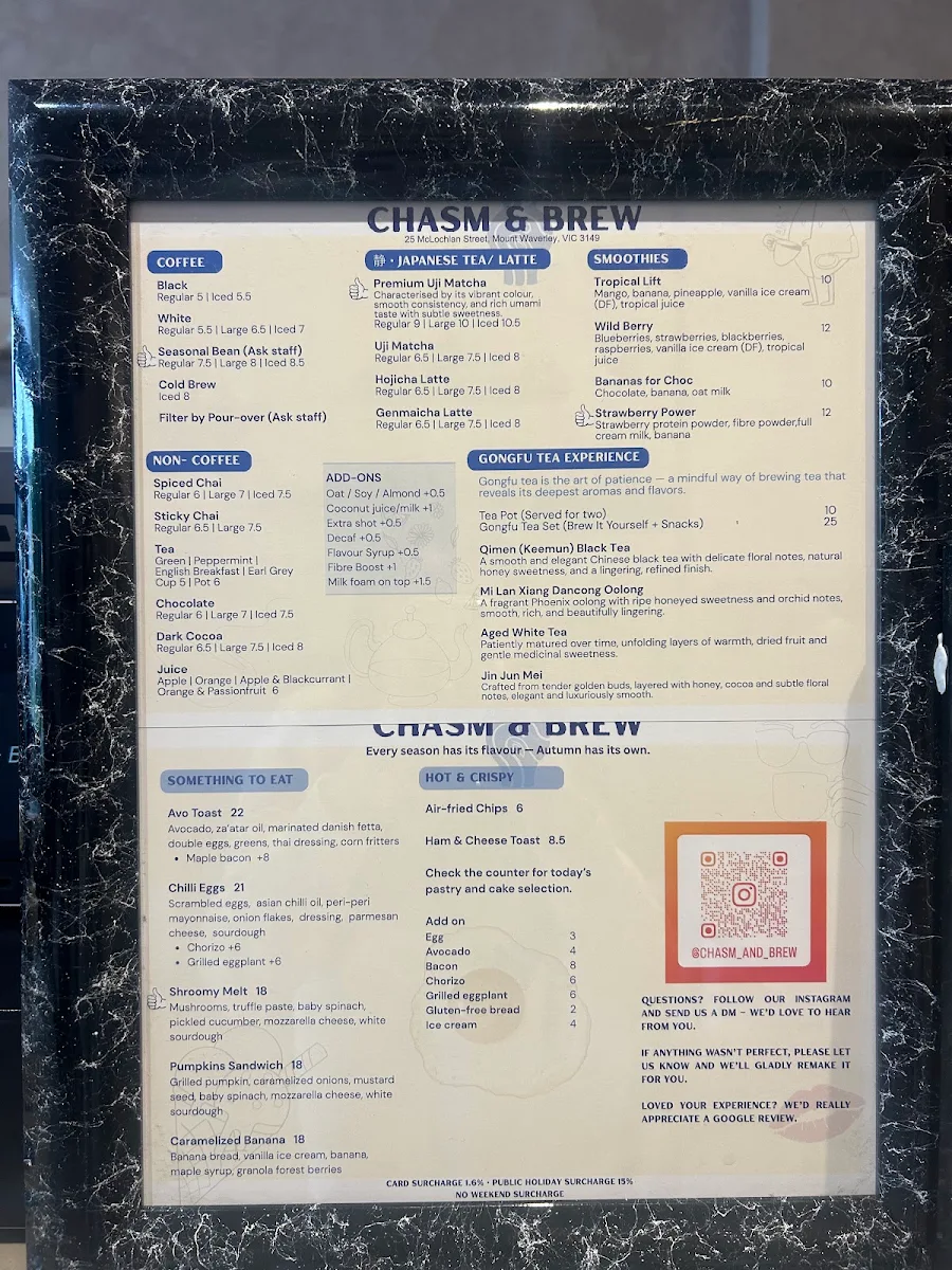 Menu, Chasm & Brew