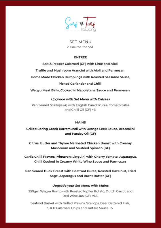 Menu, Surf 'n' Turf Illawong
