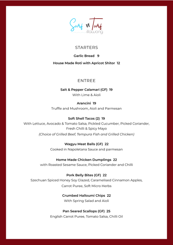 Menu, Surf 'n' Turf Illawong