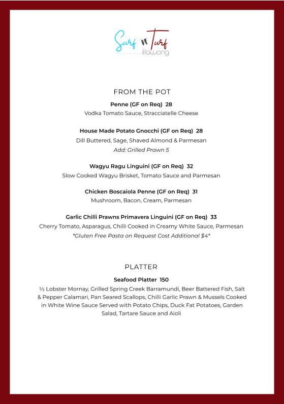 Menu, Surf 'n' Turf Illawong