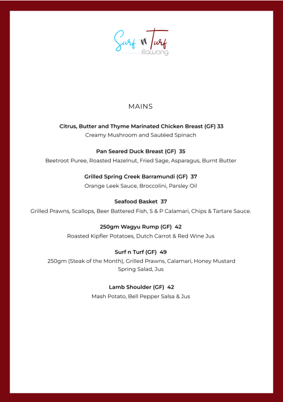 Menu, Surf 'n' Turf Illawong