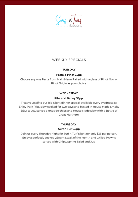Menu, Surf 'n' Turf Illawong