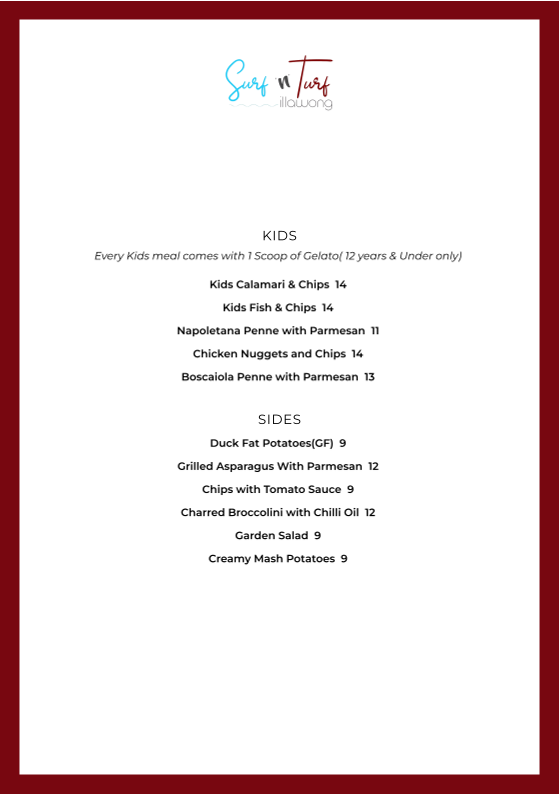 Menu, Surf 'n' Turf Illawong