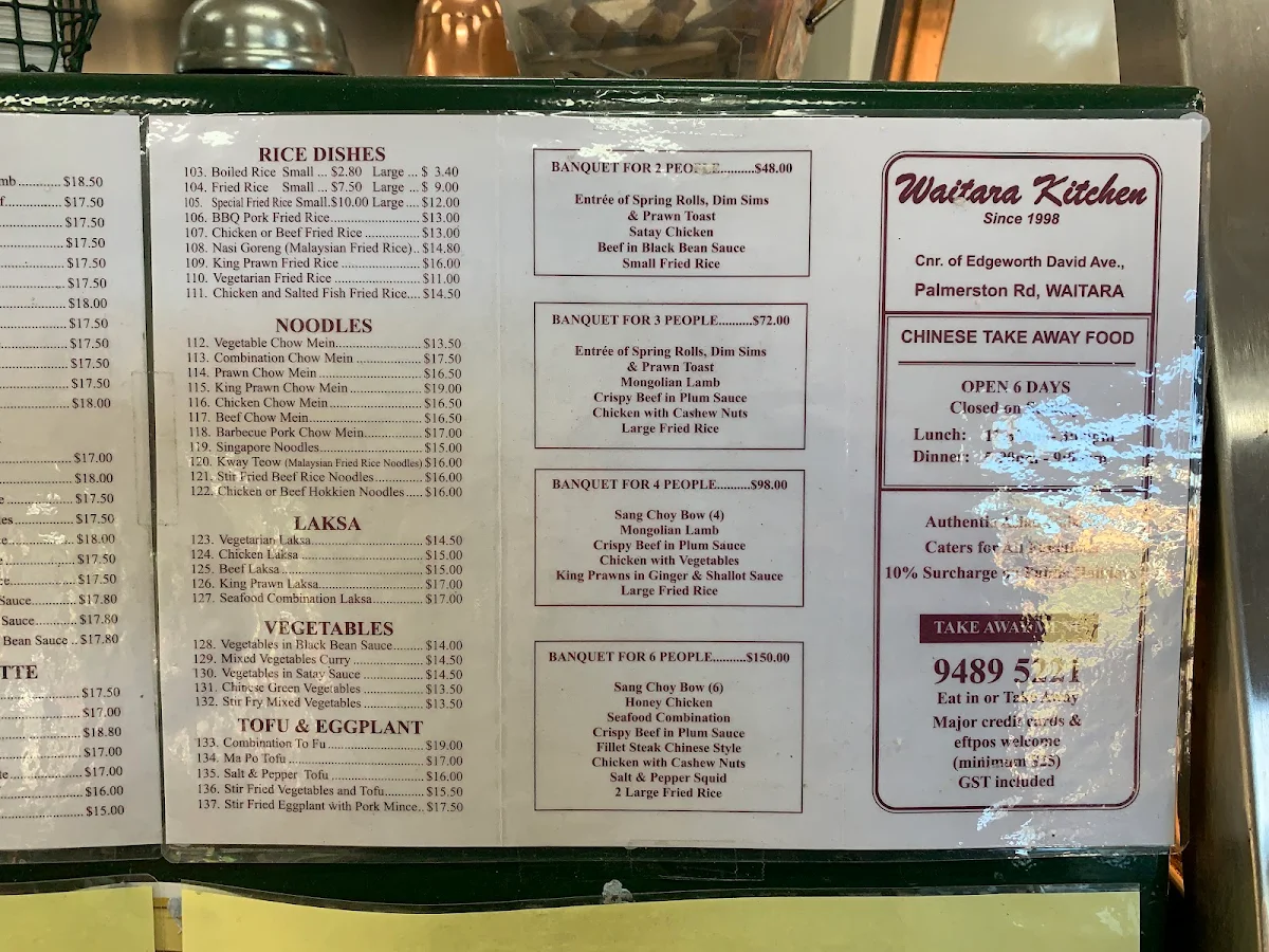 Menu, Waitara Kitchen Chinese Cuisine