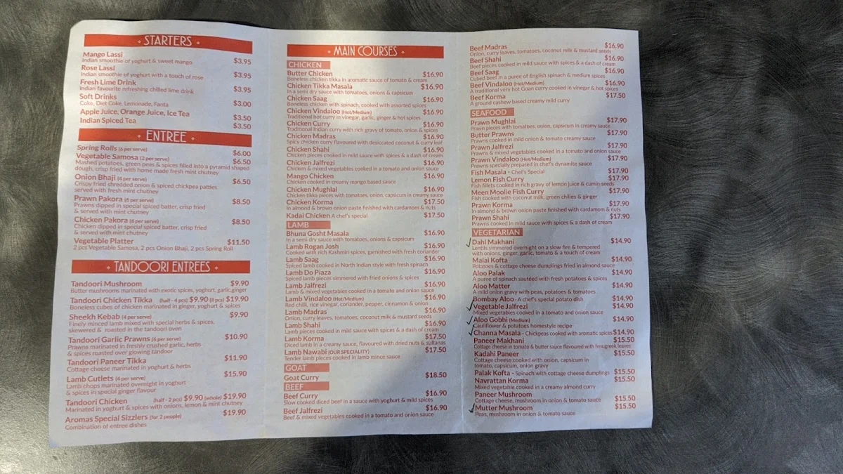 Menu, Aromas of India