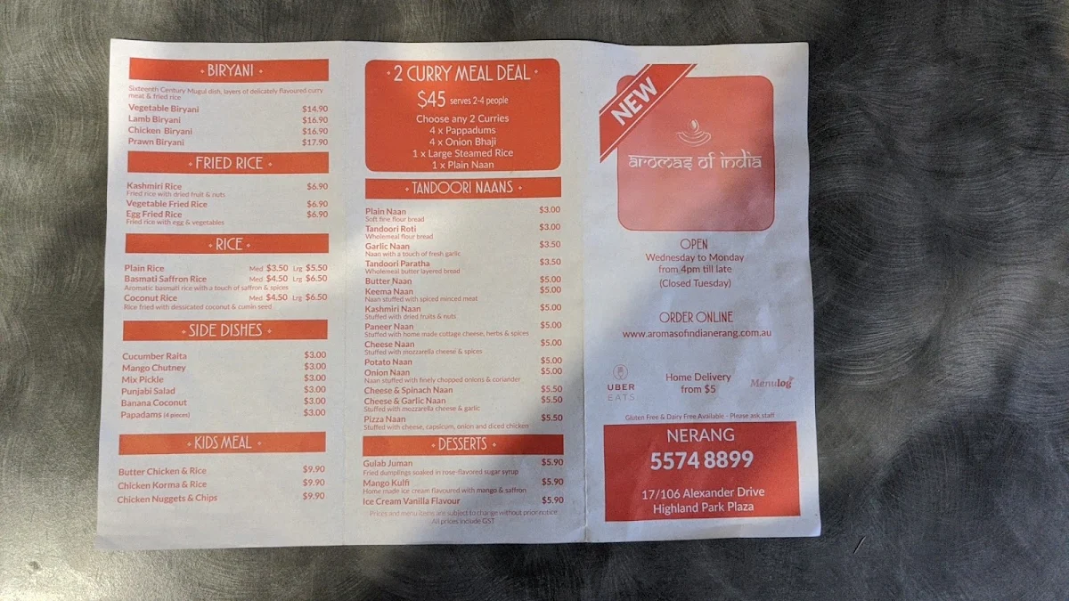 Menu, Aromas of India