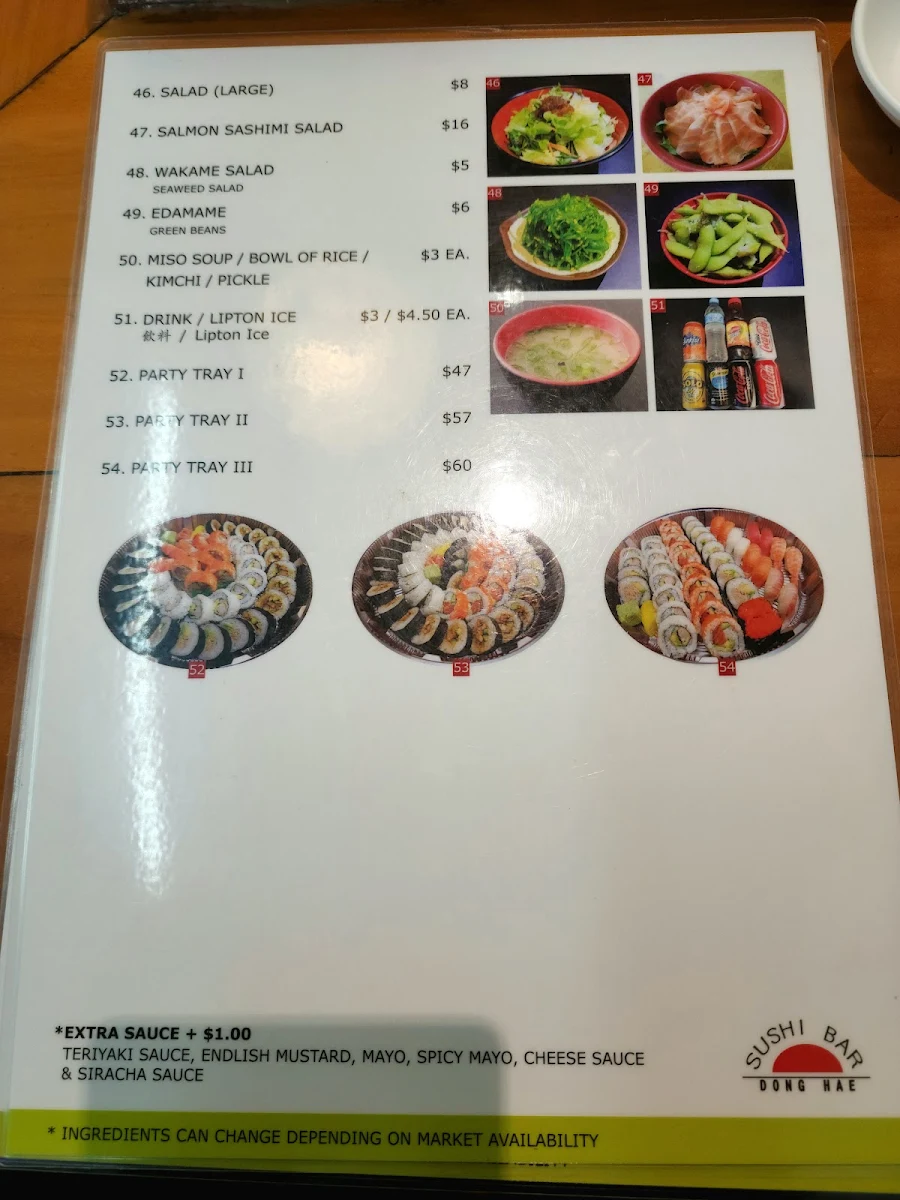 Menu, Dong Hae Sushi Bar
