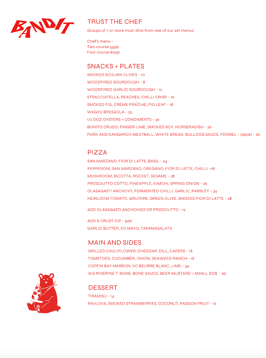 Menu, Bandit Pizza and Wine