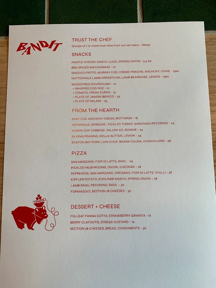 Menu, Bandit Pizza and Wine