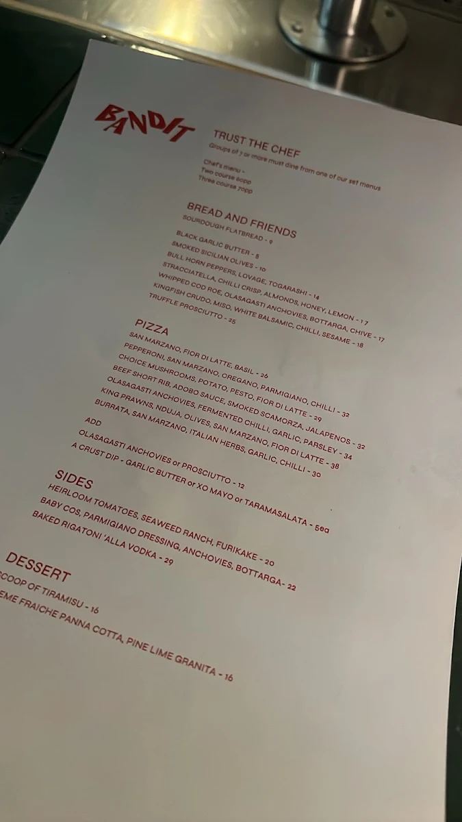 Menu, Bandit Pizza and Wine