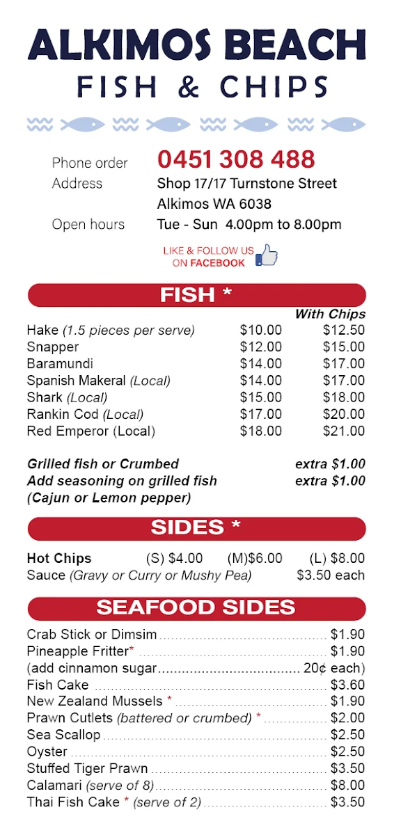 Menu, Alkimos Beach Fish and Chips