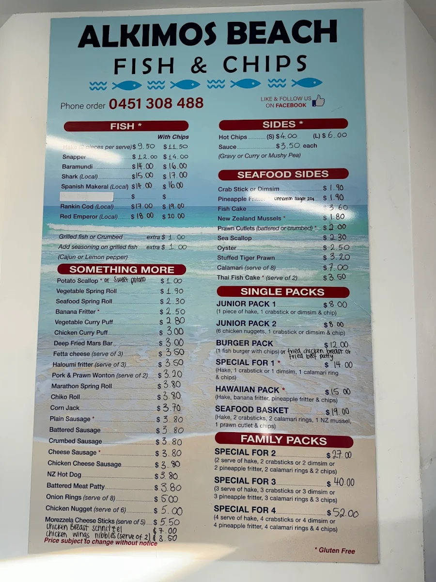 Menu, Alkimos Beach Fish and Chips