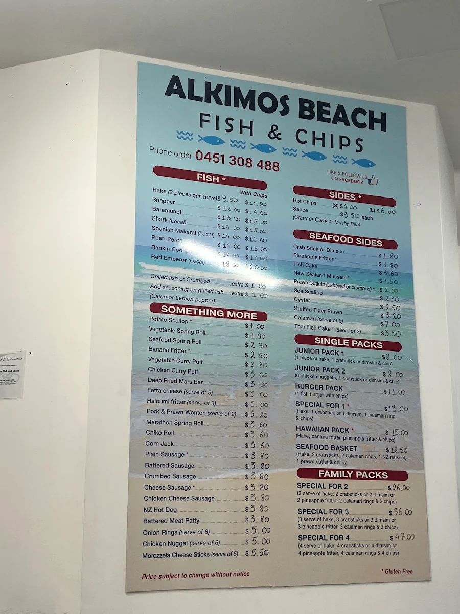 Menu, Alkimos Beach Fish and Chips