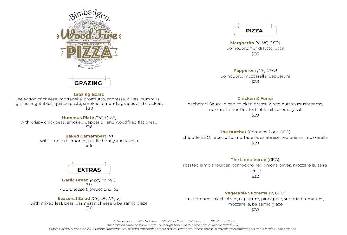 Menu, Bimbadgen Wood Fire Pizza