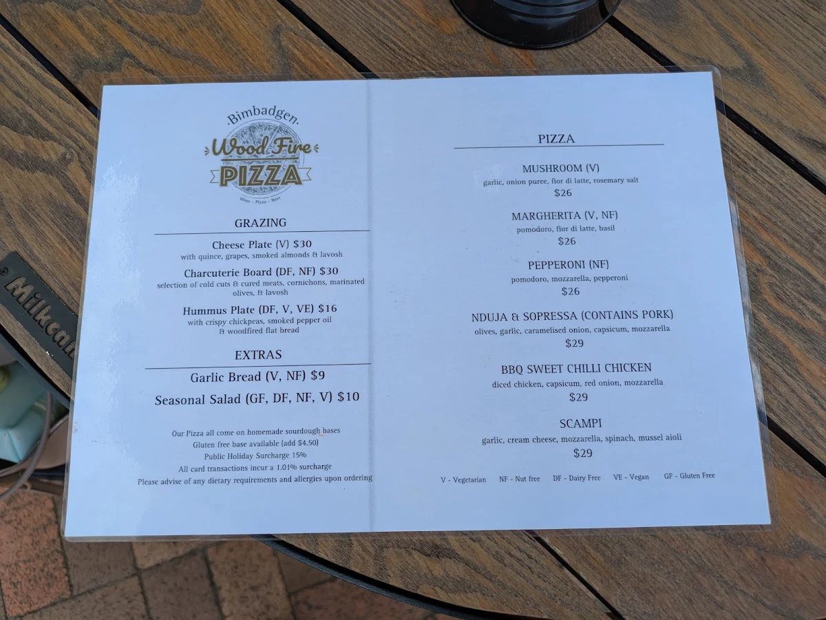 Menu, Bimbadgen Wood Fire Pizza