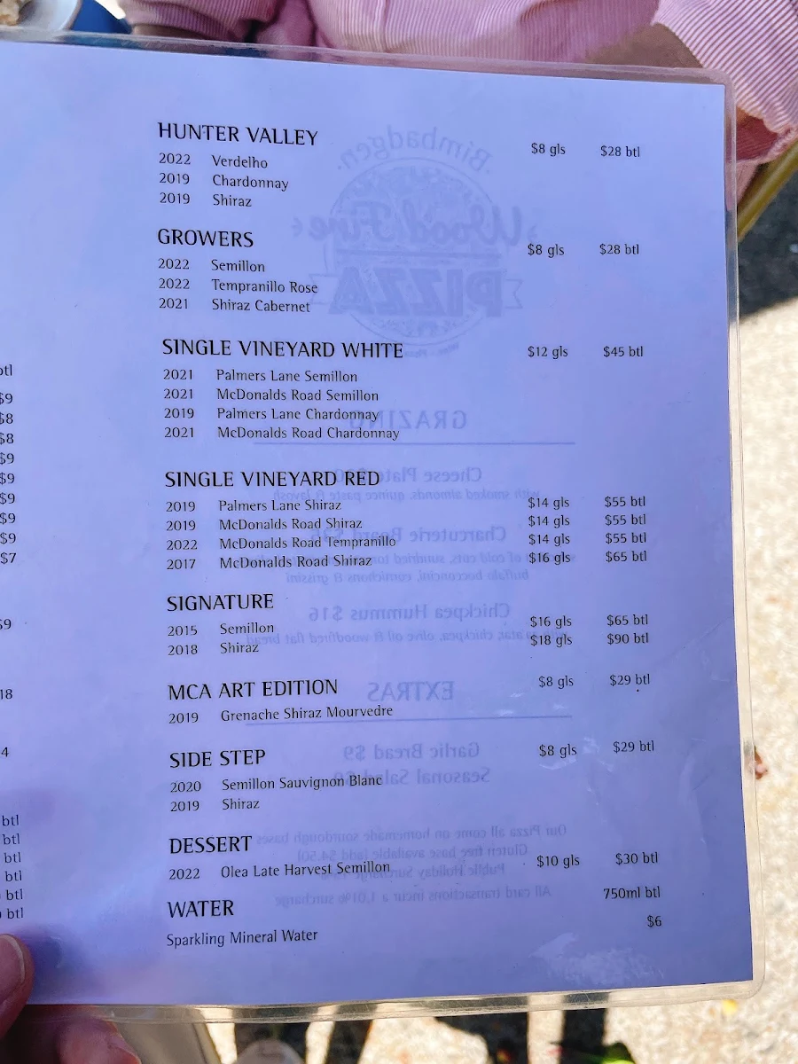 Menu, Bimbadgen Wood Fire Pizza