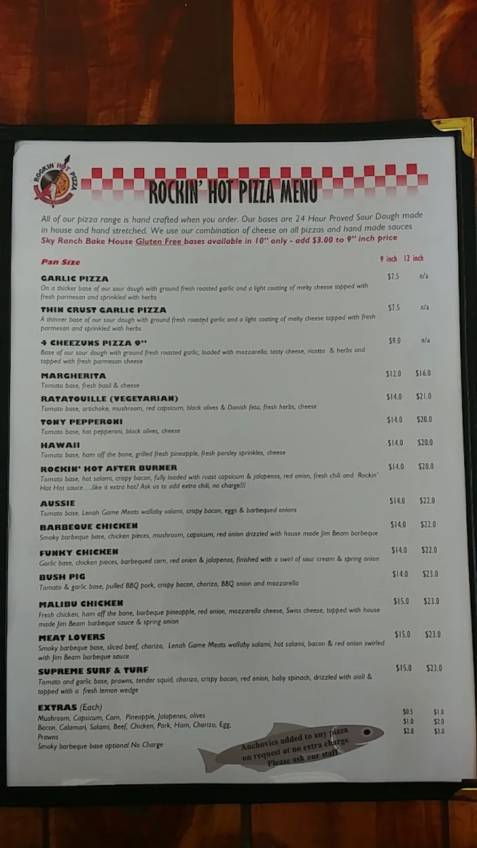 Menu, Rockin' Hot Pizza - licenced karaoke bar -Launceston
