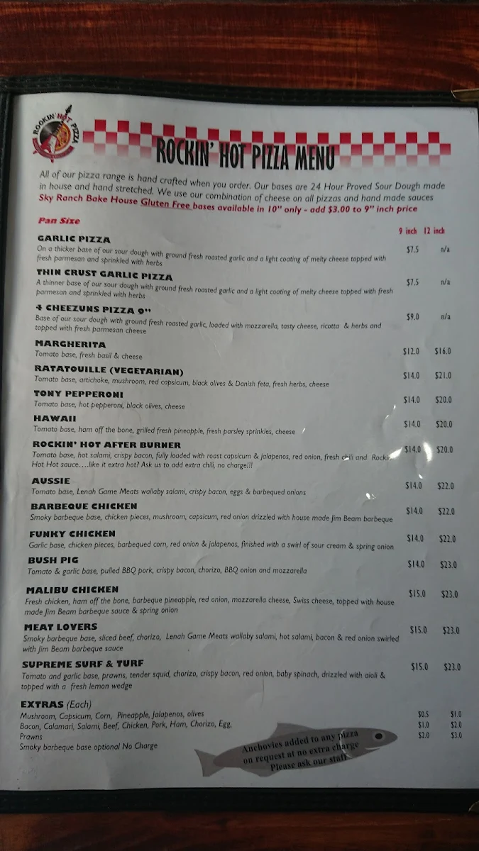 Menu, Rockin' Hot Pizza - licenced karaoke bar -Launceston