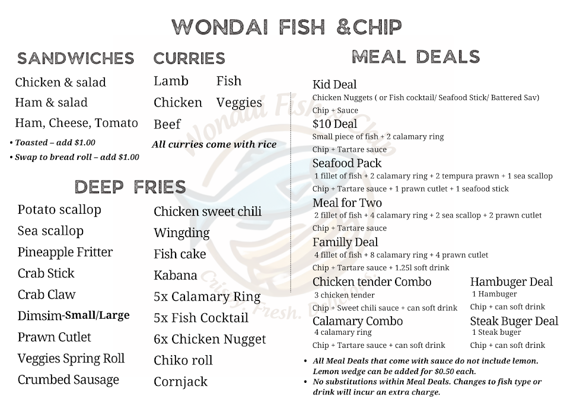 Menu, Wondai Fish & Chips