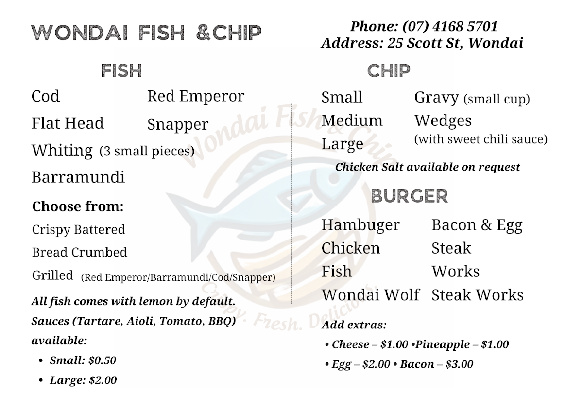 Menu, Wondai Fish & Chips
