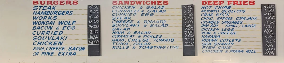 Menu, Wondai Fish & Chips