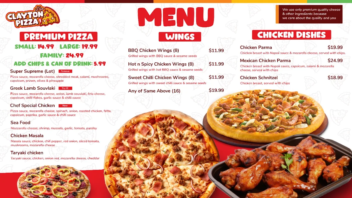 Menu, Clayton Pizza