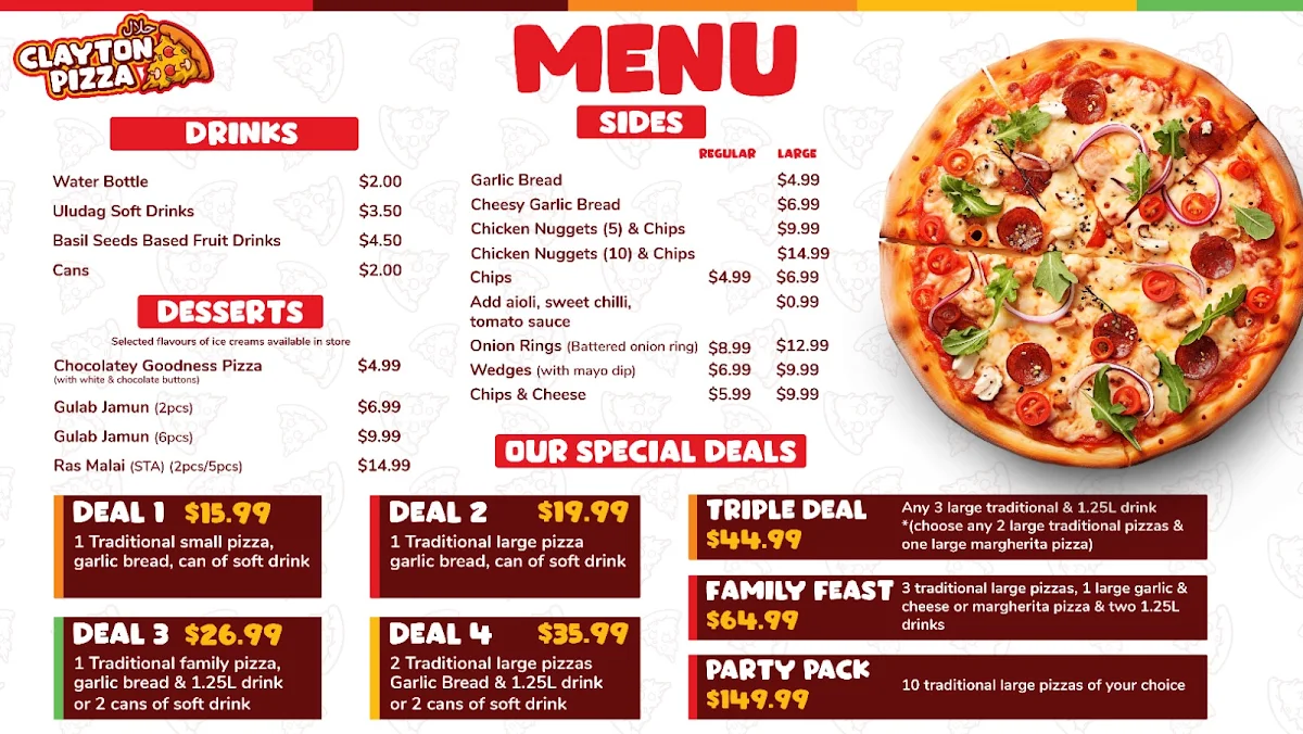 Menu, Clayton Pizza